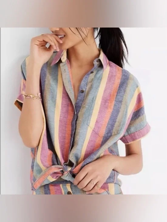 Madewell Pastel Multistripe Button-Front Tie-Hem Shirt - Picture 1 of 3